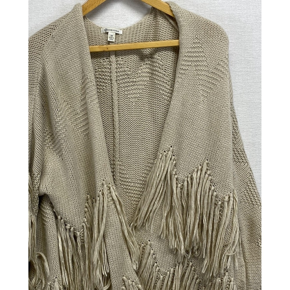 Versona Fringe Knit Cardigan Oversized Beige Open Front Boho Women's M Sweater